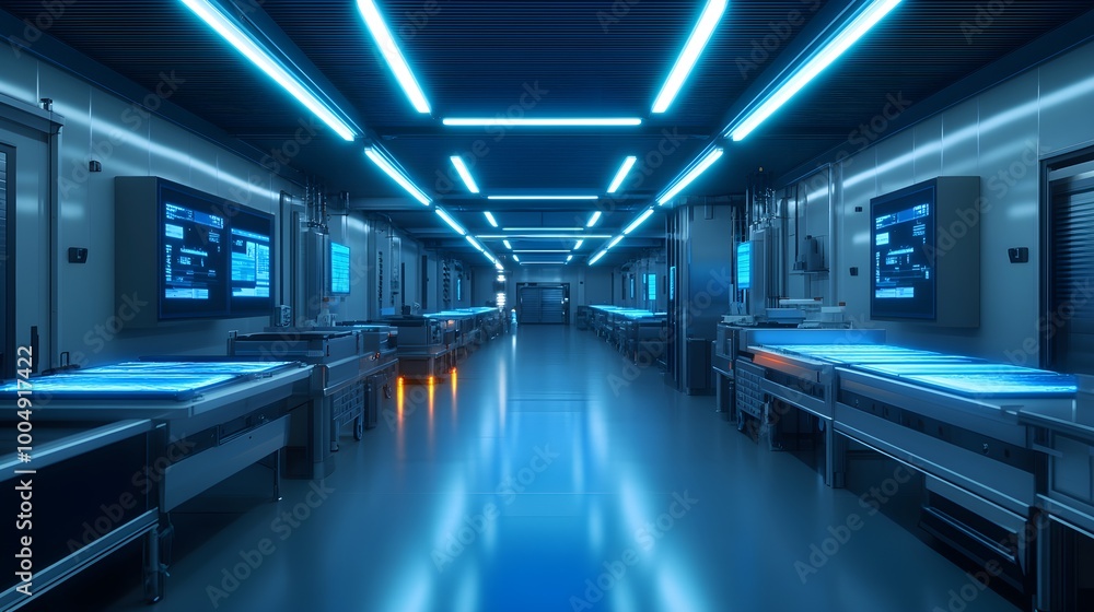 Obraz premium High-tech food factory with automated AI scanners, digital holograms display product quality data, minimalistic design, cold blue lighting, Sci-Fi, Ultra-realism