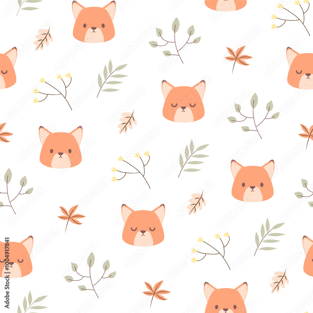 Charming seamless pattern featuring playful foxes, branches, and leaves. Perfect for children's textiles, adding a whimsical touch to fabrics, decor Charming seamless pattern featuring playful foxes, branches, and leaves. Perfect for children's textiles, adding a whimsical touch to fabrics, decor