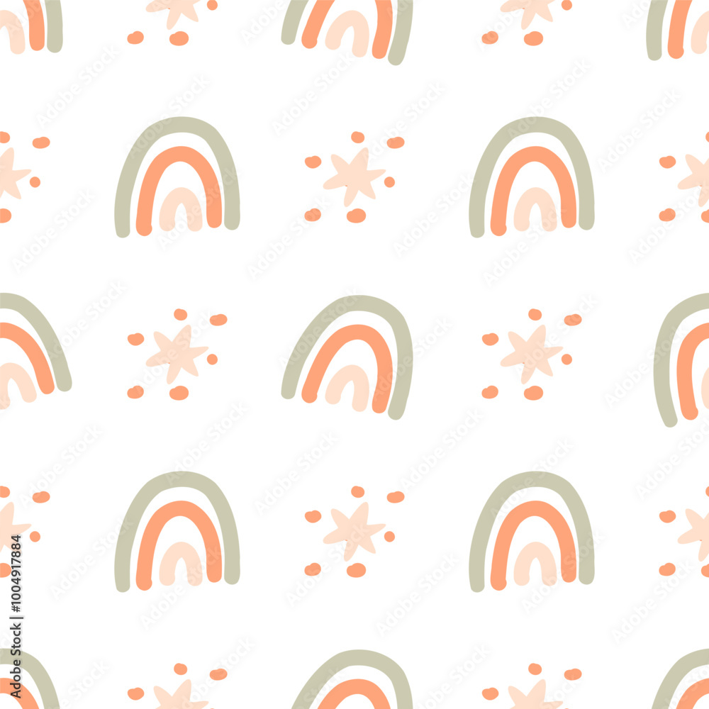 Colorful seamless pattern featuring vibrant rainbows and sparkling stars. Perfect for children's textiles, adding a joyful and whimsical touch to fabrics, decor Colorful seamless pattern featuring vibrant rainbows and sparkling stars. Perfect for children's textiles, adding a joyful and whimsical touch to fabrics, decor