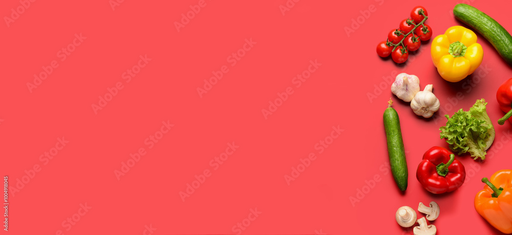 Fresh vegetables on red background with space for text Fresh vegetables on red background with space for text