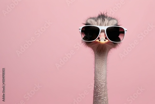 Trendy Sunglasses Wearing Ostrich Dreamlike Creature Concept on Solid Pastel Background photo