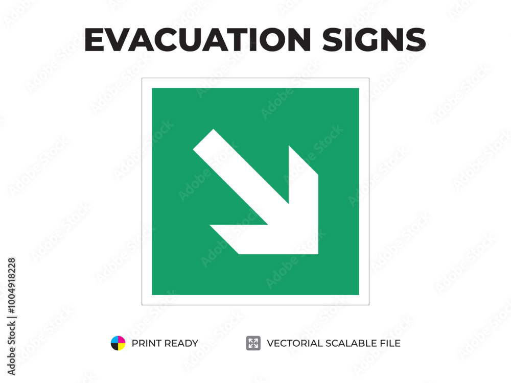 Emergency exit sign. Directional arrow sign. Down right. Universal symbol for safe evacuation used in public buildings. Safety signage vector with green background. Emergency exit sign. Directional arrow sign. Down right. Universal symbol for safe evacuation used in public buildings. Safety signage vector with green background.