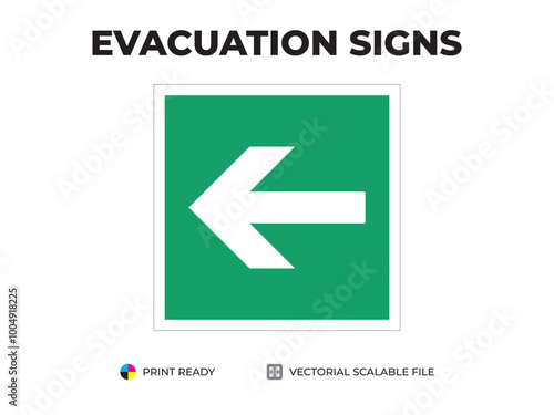 Emergency exit sign. Directional arrow sign. Left. Universal symbol for safe evacuation used in public buildings. Safety signage vector with green background.