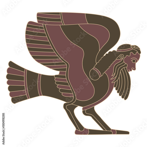 Funny winged bird man. Ancient Greek male siren or harpy. Fantastic mythological creature. Vase painting style. Isolated vector illustration.