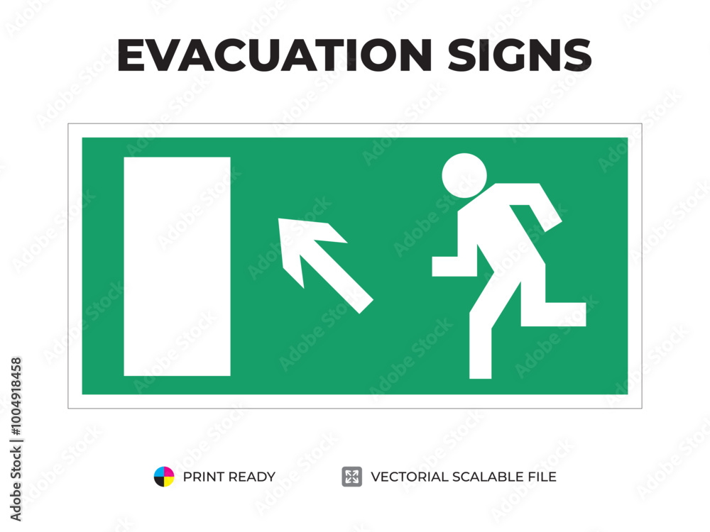 Emergency exit sign. Direction to the evacuation exit sign. Up, stairs left. Universal symbol for safe evacuation used in public buildings. Safety signage vector with green background. Emergency exit sign. Direction to the evacuation exit sign. Up, stairs left. Universal symbol for safe evacuation used in public buildings. Safety signage vector with green background.