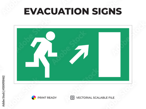 Emergency exit sign. Direction to the evacuation exit sign. Up, stairs right. Universal symbol for safe evacuation used in public buildings. Safety signage vector with green background.