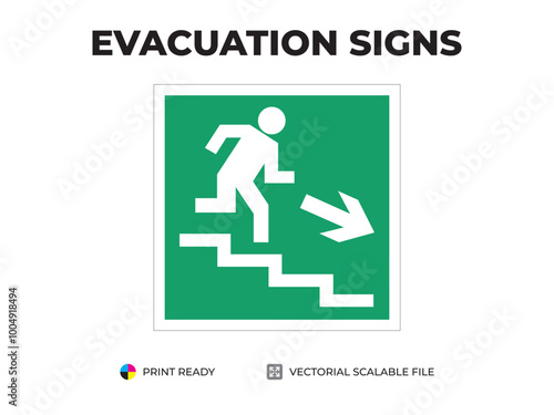 Emergency exit sign. Direction to the evacuation exit sign. Up the stairs to the right. Universal symbol for safe evacuation used in public buildings. Safety signage vector with green background.