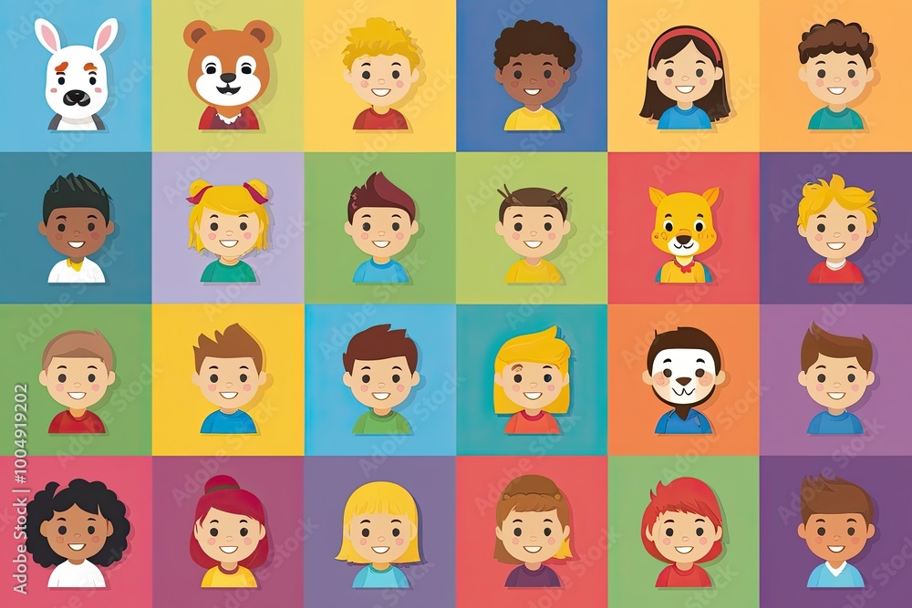 Joyful Kids Cartoon Emblems Assortment - Fun Line Illustrations of Diverse Youthful Characters and Animals Joyful Kids Cartoon Emblems Assortment - Fun Line Illustrations of Diverse Youthful Characters and Animals
