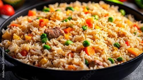 Delicious Fried Rice with Meat and Vegetables in Black Pan