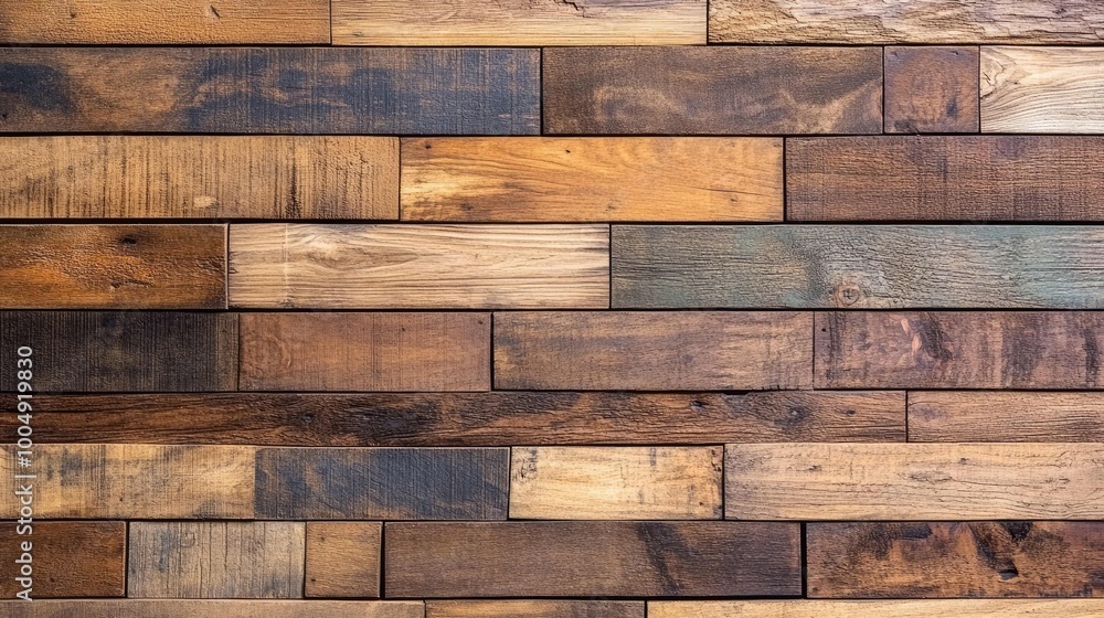 A close-up of a rustic wooden wall made of various shades of wood. A close-up of a rustic wooden wall made of various shades of wood.