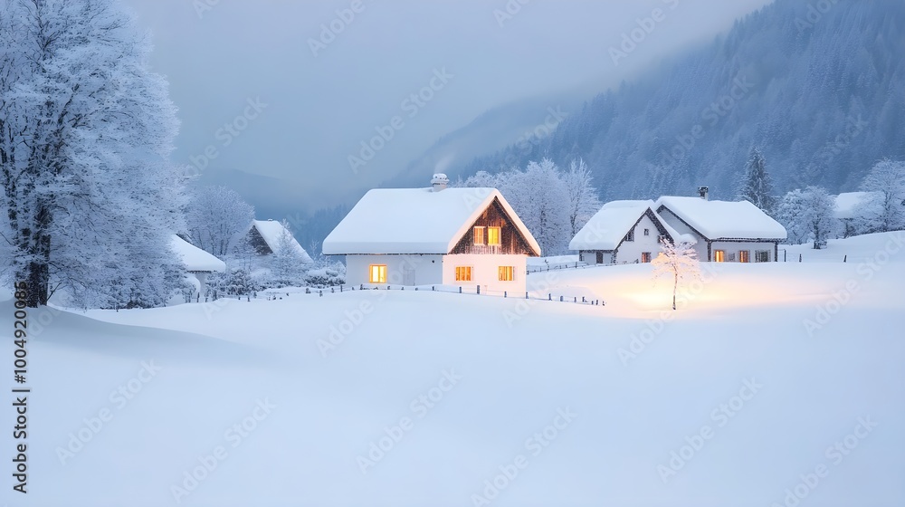 Serene winter village with snow-covered houses, warm light spilling onto the snowy ground, quiet mountain atmosphere, calm winter night Serene winter village with snow-covered houses, warm light spilling onto the snowy ground, quiet mountain atmosphere, calm winter night