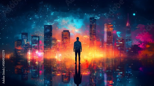 Silhouette of a man standing before a futuristic cityscape, glowing neon lights and towering skyscrapers casting vibrant reflections all around