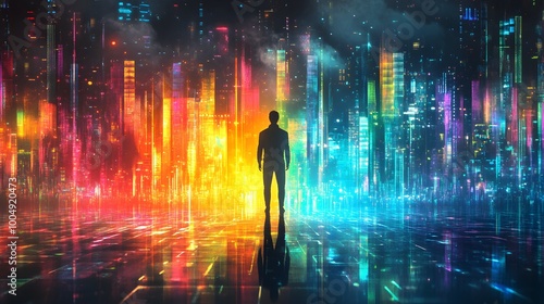 Silhouette of a man with vibrant rainbow colors, in front of a futuristic city, digital grid lines, holographic technology shining around