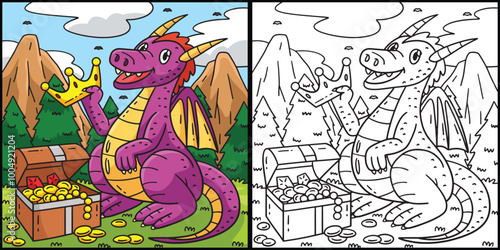 Dragon with Treasure Chest Coloring Illustration