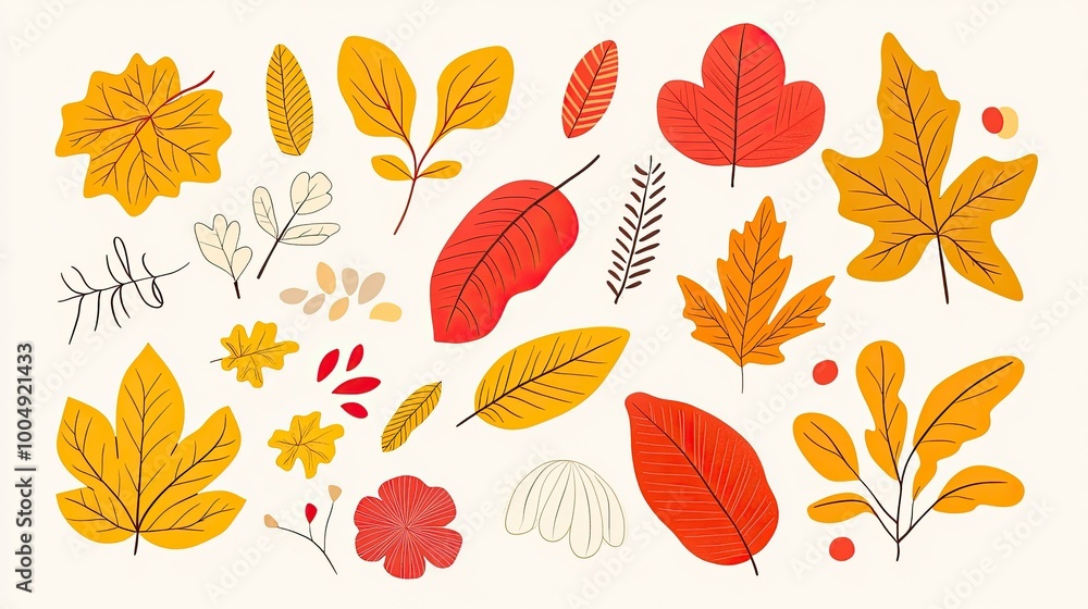 Obraz premium A collection of autumn leaves in various shapes and colors, including red, orange, yellow, and brown. The leaves are isolated on a white background.