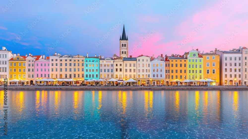 Obraz premium Colorful Old Town Tallinn Buildings at Sunset with Water Reflection