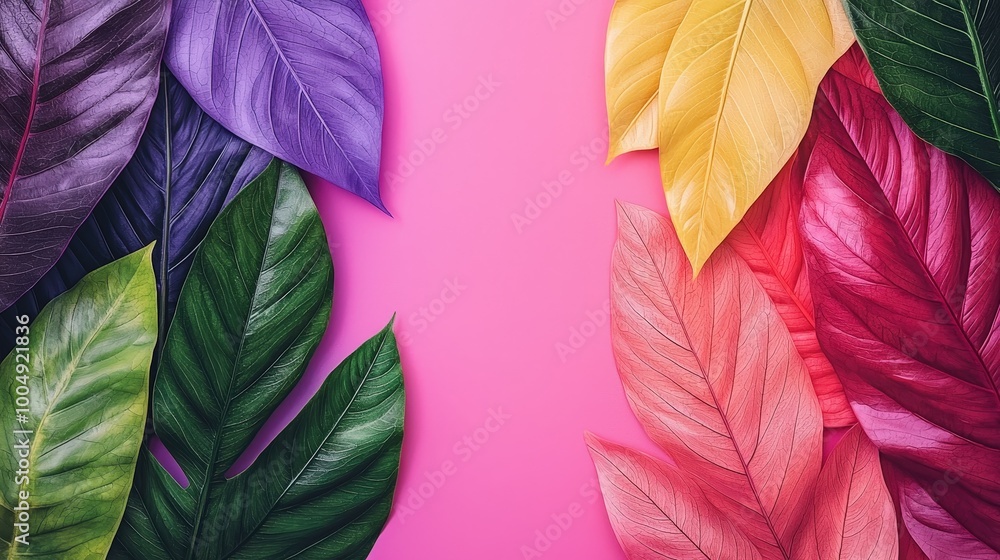 Colorful Tropical Leaves on Pink Background Summer Nature Design Colorful Tropical Leaves on Pink Background Summer Nature Design