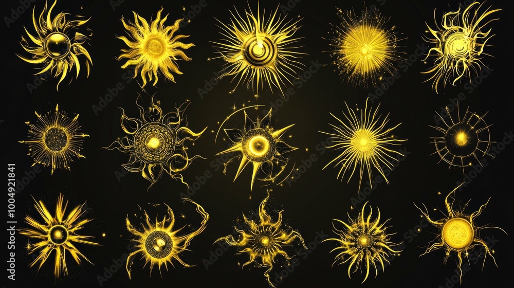 A collection of 18 golden sun illustrations in various abstract styles, perfect for adding a touch of warmth and light to any design project.