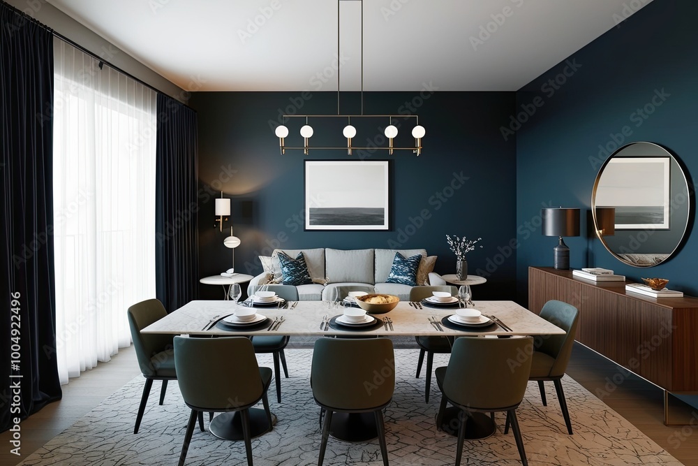 Trendy Minimalist Apartment Design with Fashionable Dining Set, Spacious Living Area, and Deep-Toned Walls Trendy Minimalist Apartment Design with Fashionable Dining Set, Spacious Living Area, and Deep-Toned Walls