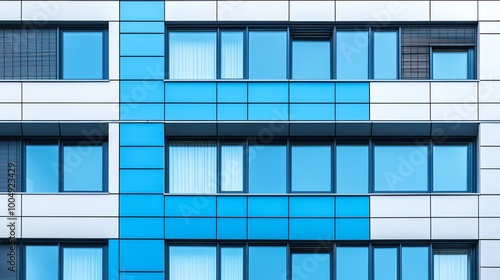 A close-up of a modern building facade with a blue and white tiled pattern.