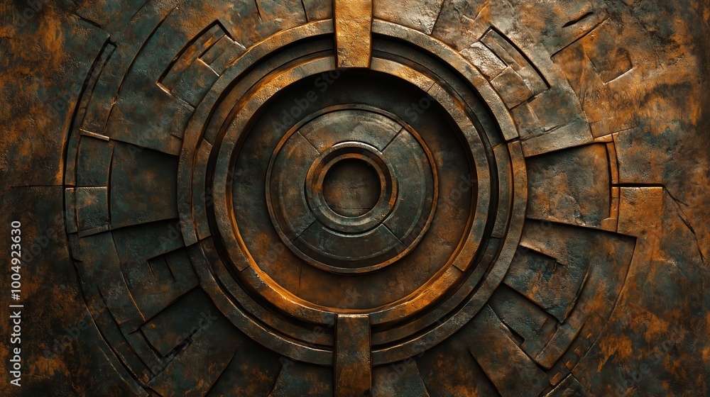 Intricate circular metal design on an industrial surface illuminated by moody lighting Intricate circular metal design on an industrial surface illuminated by moody lighting