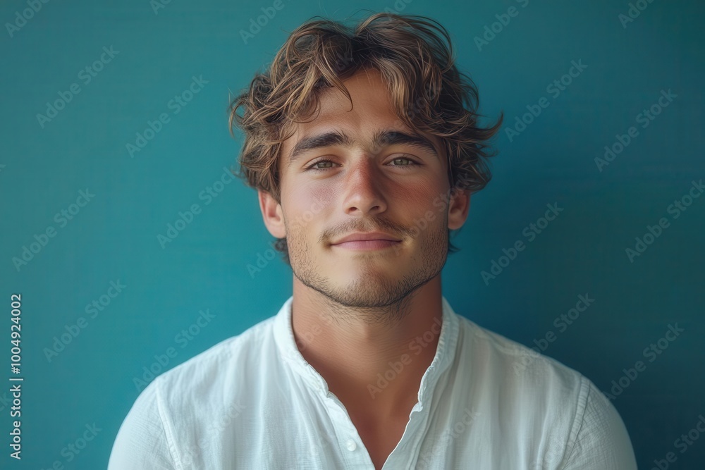 cheerful young man dressed in a crisp white shirt standing confidently against a vibrant blue background exuding positivity and energy that captures a youthful spirit and casual elegance cheerful young man dressed in a crisp white shirt standing confidently against a vibrant blue background exuding positivity and energy that captures a youthful spirit and casual elegance