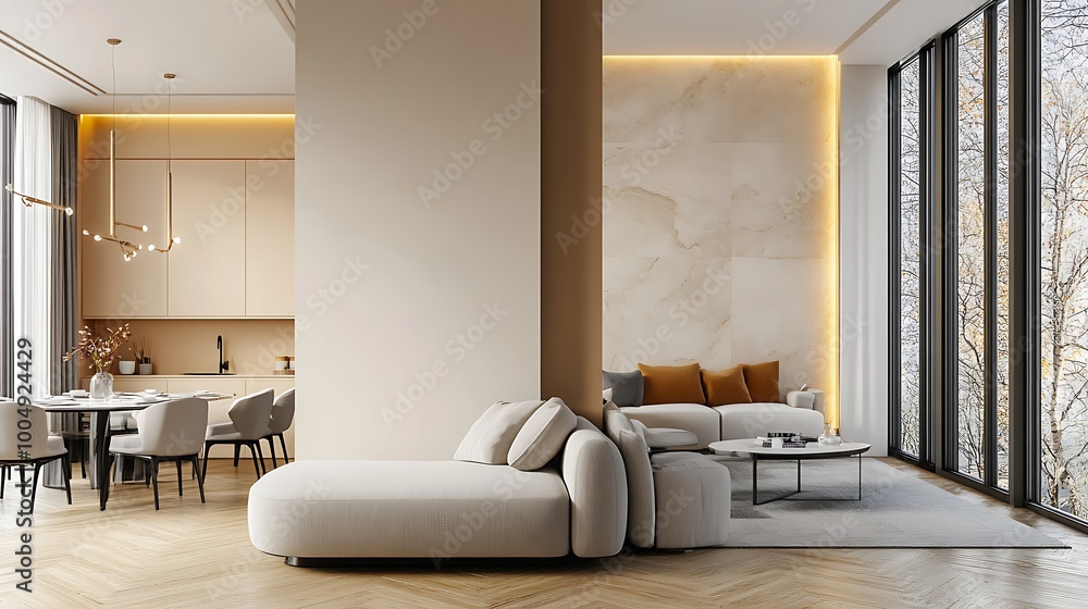 Fototapeta premium Beige home living room interior with rest and dining zone, window. Mockup wall 