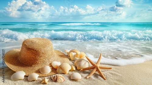 Beach scene with straw hat, seashells, and starfish under blue sky photo