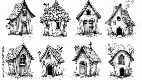 Collection of ink drawing houses for concept art inspiration. magic village, fairy houses, fantasy medieval architecture. conceptual art. Ink Drawing. Illustration photo