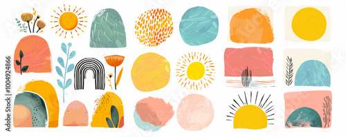 Abstract art shapes and spots. Minimalism. Vector illustrations of dots, sketch of sun, leaf, abstraction, strokes, texture, uneven lines, icons, paint strokes for banner, interior poster or design