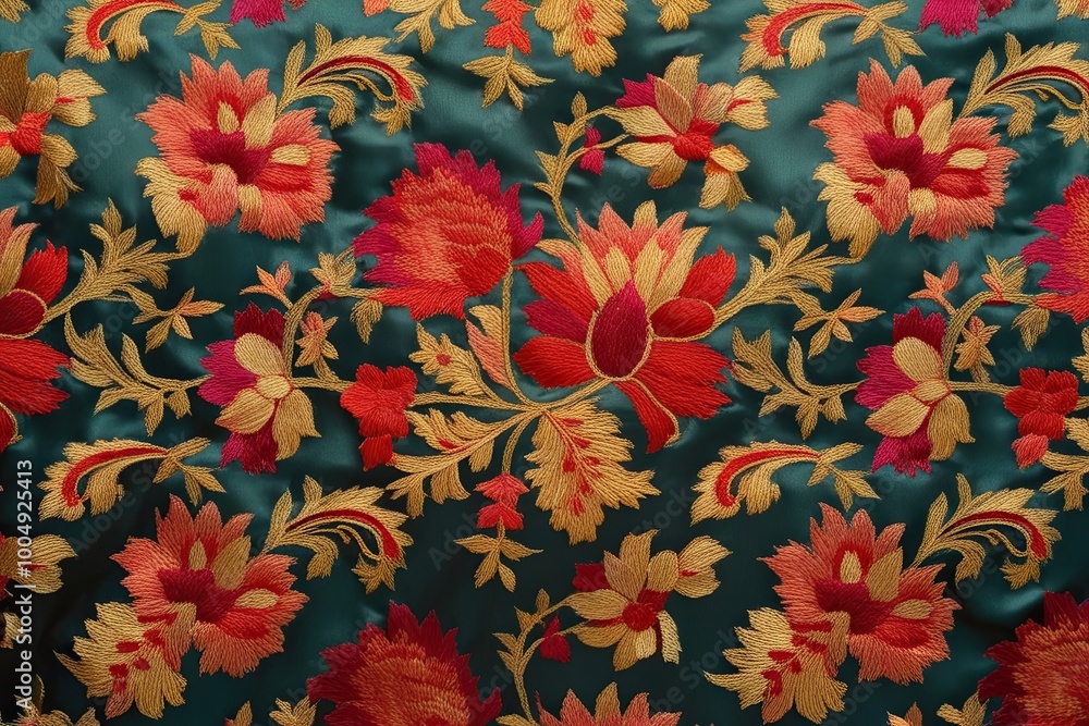 Fototapeta premium Luxurious Floral Embroidered Brocade Texture Background in Premium Silk Fiber