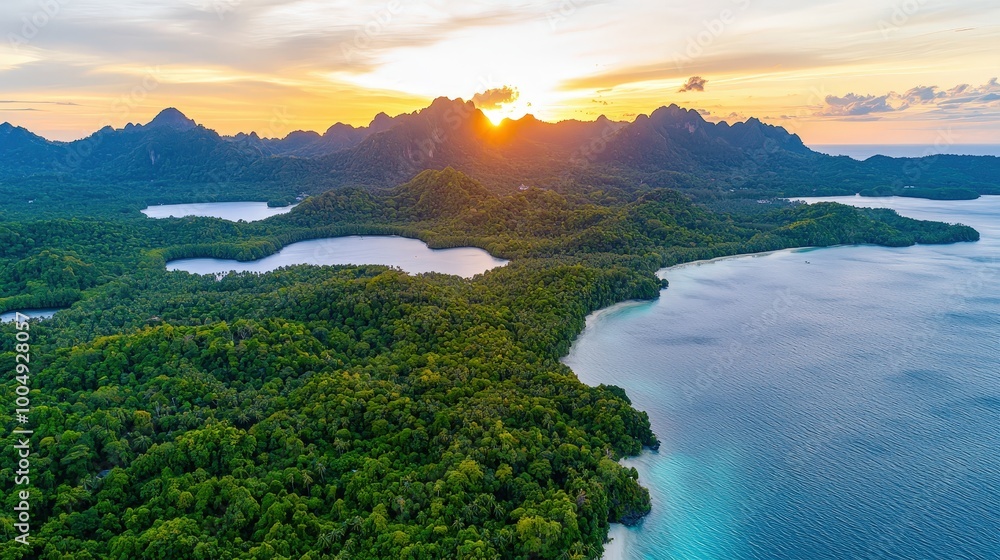 Tropical Island Sunset Aerial View Lush Rainforest Blue Ocean Golden Hour Tropical Island Sunset Aerial View Lush Rainforest Blue Ocean Golden Hour