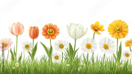 A row of colorful tulips and daisies blooming in a lush green grass field against a white background.