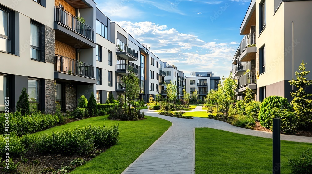 Modern apartment complex with manicured landscaping and a paved walkway. Modern apartment complex with manicured landscaping and a paved walkway.