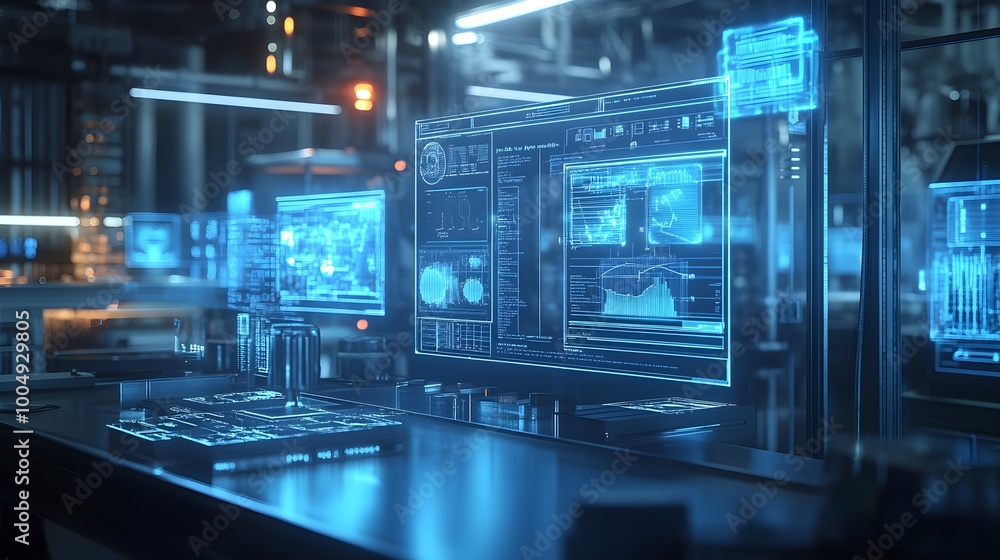 AI-generated food quality reports on multiple holographic displays, sleek, modern factory environment, vivid blue neon lights, digital sketch with sharp detail AI-generated food quality reports on multiple holographic displays, sleek, modern factory environment, vivid blue neon lights, digital sketch with sharp detail