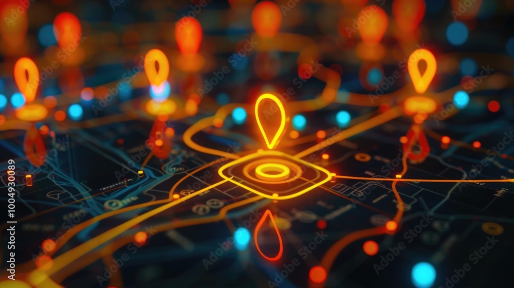 Digital map with glowing location markers, routes. Dark background. navigation And technology, connectivity, geolocation Digital map with glowing location markers, routes. Dark background. navigation And technology, connectivity, geolocation