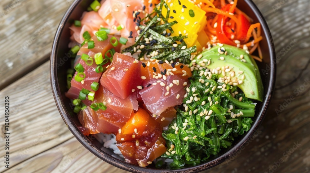 Fresh poke bowl with tuna, salmon, avocado, seaweed. Close-up shot on a wooden table. healthy eating, Japanese cuisine Fresh poke bowl with tuna, salmon, avocado, seaweed. Close-up shot on a wooden table. healthy eating, Japanese cuisine
