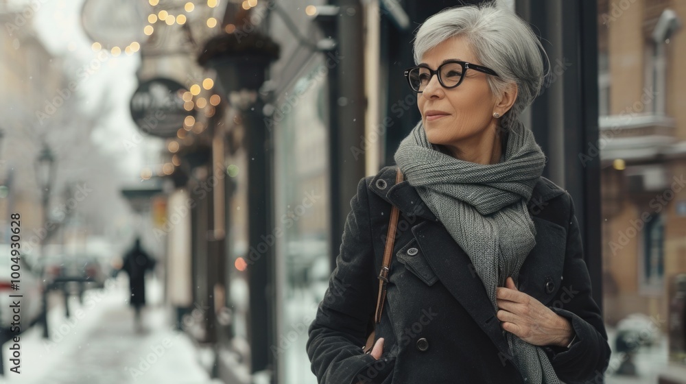 Fototapeta premium Graceful woman with gray hair walks in an winter city street. blurred urban setting. retirement age. active pension.