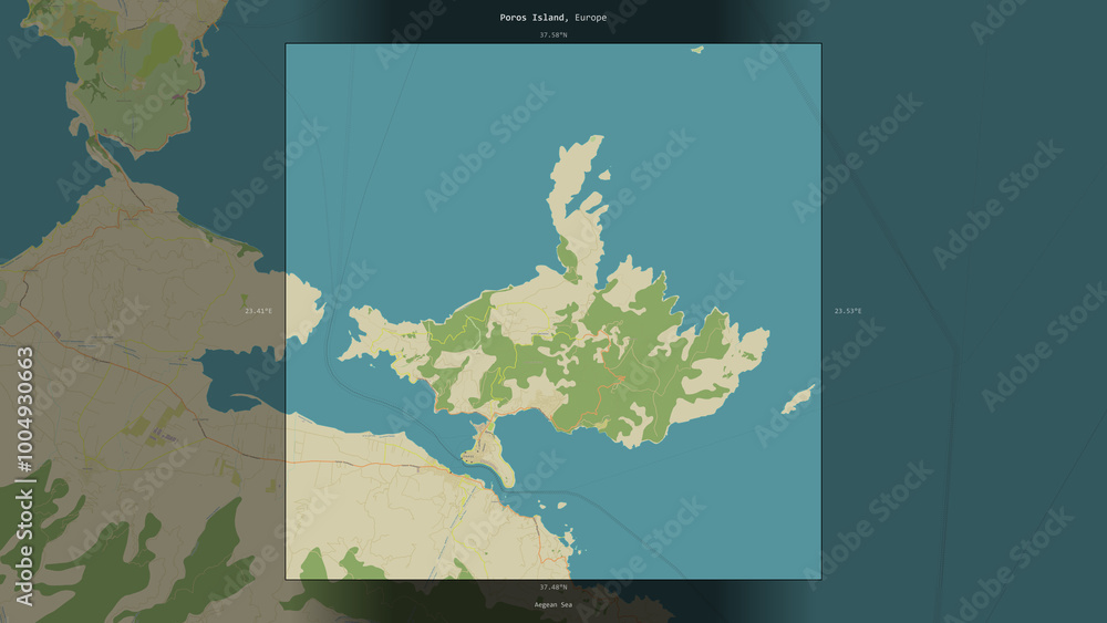 Obraz premium Poros Island, Greece, highlighted and labelled. Topo Humanitarian
