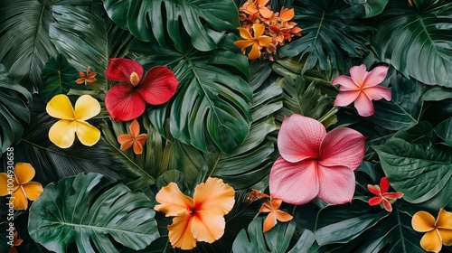 Vibrant tropical flowers and leaves creating a beautiful natural pattern