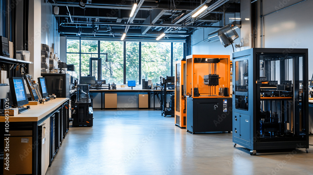 A 3D printing facility creating industrial parts. A 3D printing facility creating industrial parts.