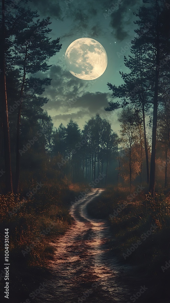 Forest path bathed tranquil moonlight atmosphere image Forest path bathed tranquil moonlight atmosphere image