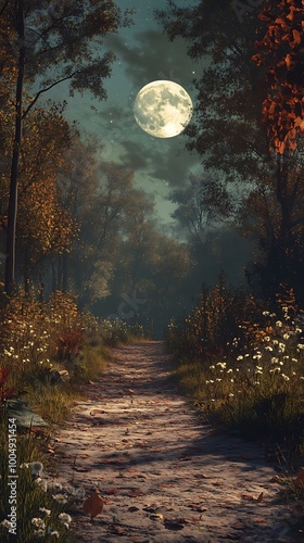 Majestic path through woods under luminous moon photos