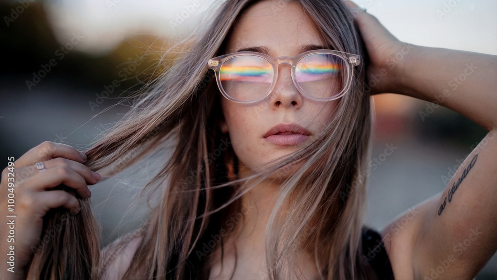 A young woman with long, flowing hair. She is wearing clear, round-framed glasses that reflect a vibrant rainbow. A young woman with long, flowing hair. She is wearing clear, round-framed glasses that reflect a vibrant rainbow.