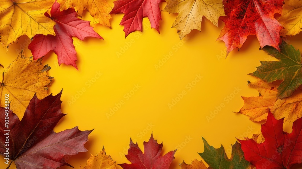 Autumn theme frame with colorful maple leaves on yellow background and copy space for text Autumn theme frame with colorful maple leaves on yellow background and copy space for text