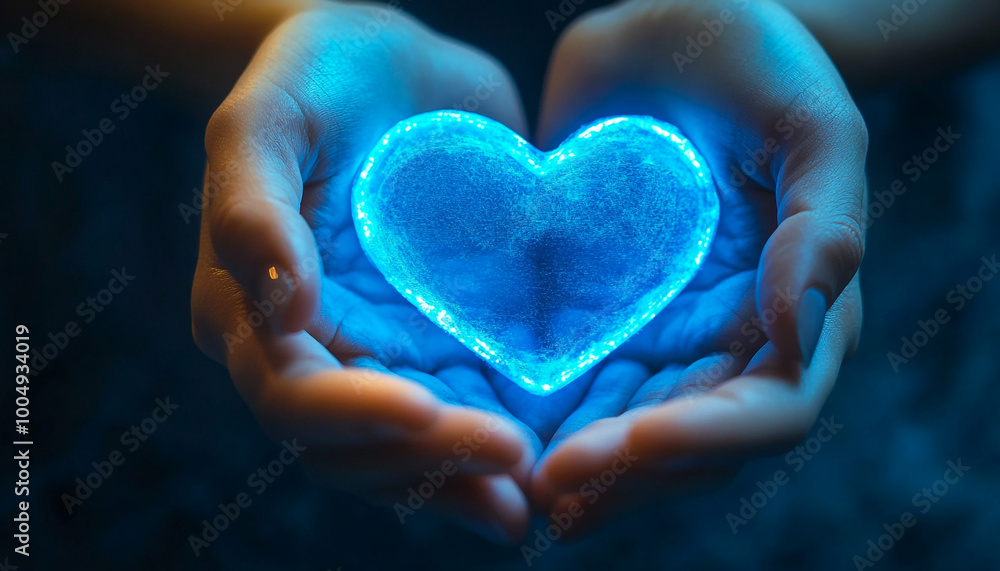 Fototapeta premium glowing-hands-heart-symbol-blue-background