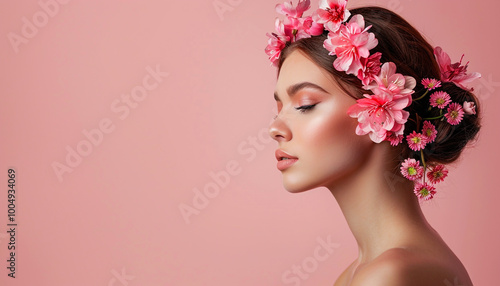woman-flower-hair-soft-pink-blank-background