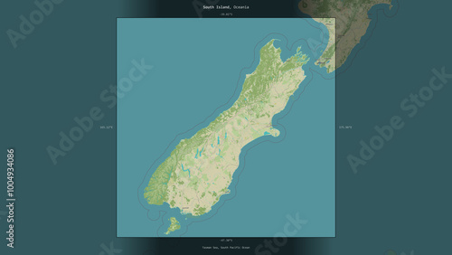 South Island, New Zealand, highlighted and labelled. Topo Humanitarian