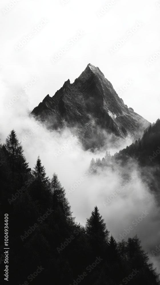 Obraz premium Mountain peak shrouded in mist and clouds, monochrome view. Tranquil nature and solitude concept