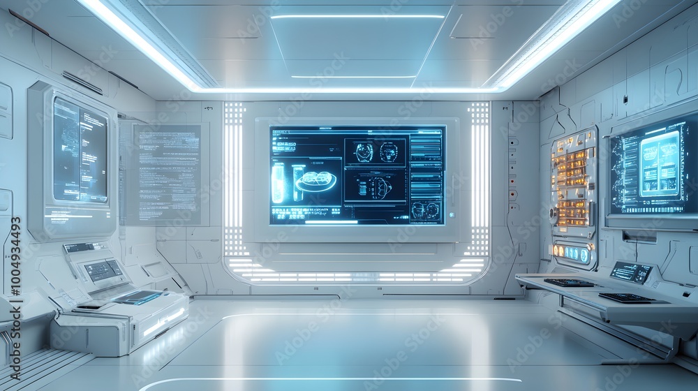 Minimalistic white control room with holograms displaying real-time food quality stats, futuristic AI interfaces, blue and white lights, 3D model style, high-resolution Minimalistic white control room with holograms displaying real-time food quality stats, futuristic AI interfaces, blue and white lights, 3D model style, high-resolution
